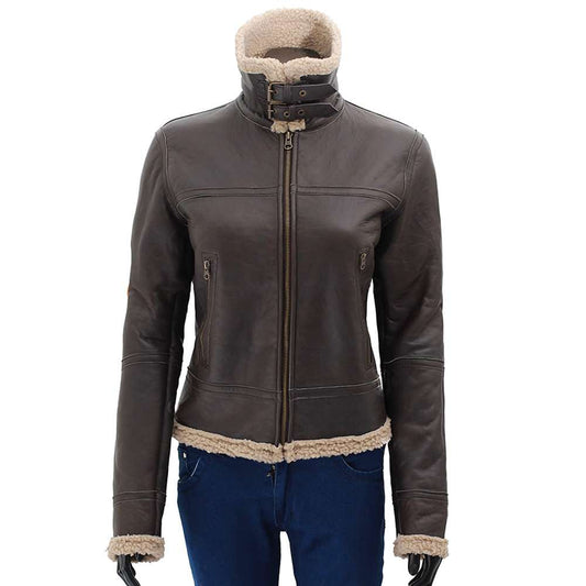 Women Dark Brown Bomber Shearling Leather Jacket - Jacket Hunt